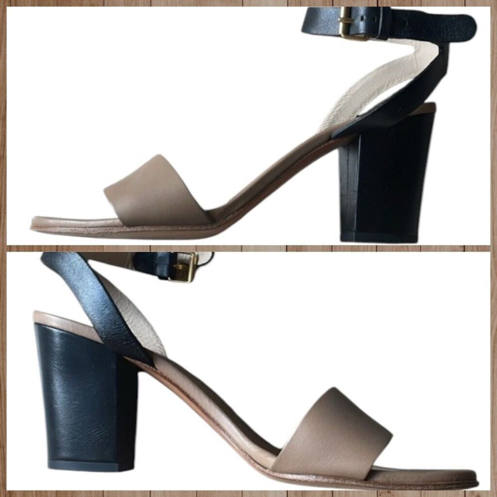 CHLOE Women's Two-Tone Leather Block Heel Ankle Strap Sandal Size 36 Black Beige